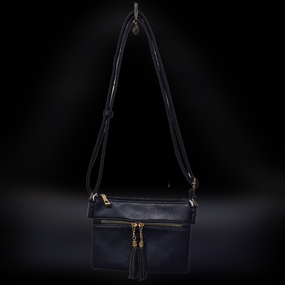 Sleek Black Crossbody Bag with Gold Accents